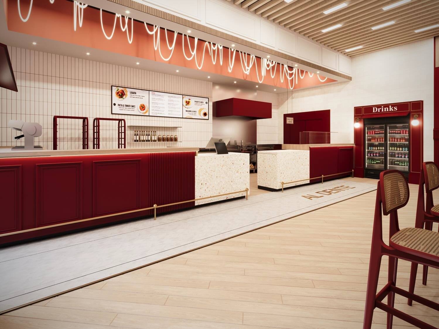 Rendering of the Al Dente front counter with neon spaghetti ceiling