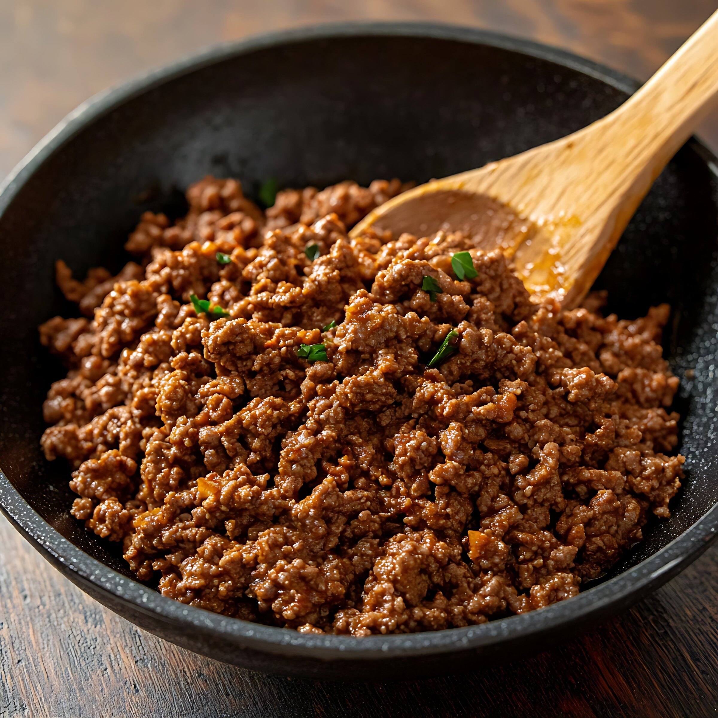 Browned ground beef in a skillet